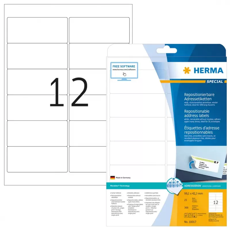 HERMA 10017 pārvietojamas adrešu etiķetes A4 99.1x42.3 mm