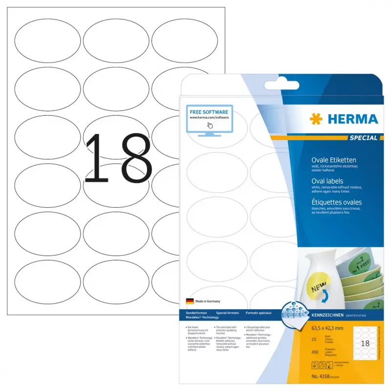 Pašlīmējošās etiķetes HERMA Noņemamās A4 63,5x42,3 mm 450 gab.