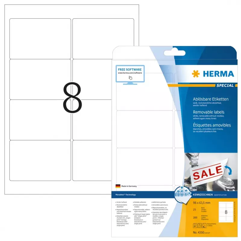 Pašlīmējošās printera uzlīmes HERMA Noņemamās uzlīmes A4 96x63.5 mm