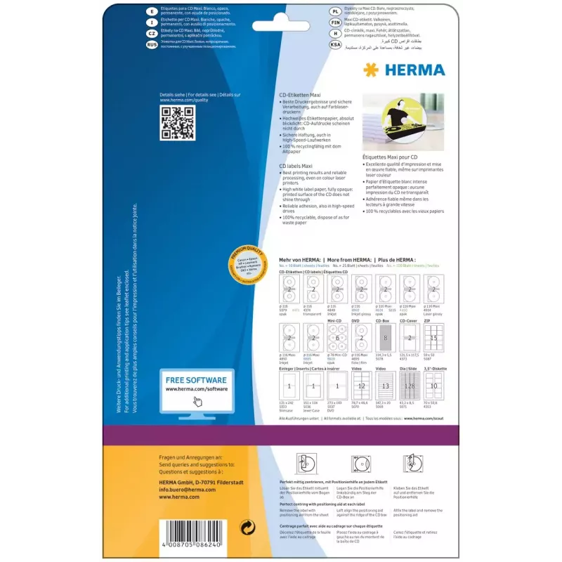 Pašlīmējošā printera etiķete HERMA CD Maxi A4 Ø 116 mm