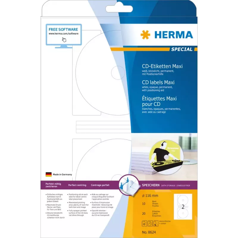 Pašlīmējošā printera etiķete HERMA CD Maxi A4 Ø 116 mm
