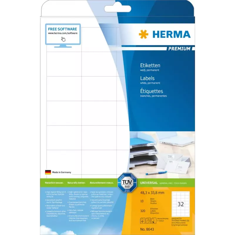 Pašlīmējošā etiķete HERMA 8643 Taisnstūrveida Pastāvīga Balta