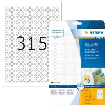 Pašlīmējošās etiķetes HERMA Noņemamas A4 Ø 10 mm apaļas baltas