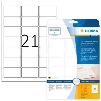 Pašlīmējošas printera etiķetes HERMA caurspīdīgas kristāldzidras A4 63,5x38,1 mm