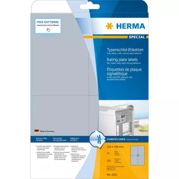 Pašlīmējošās etiķetes HERMA datu plāksnītēm A4 105x148 mm sudraba, īpaši stipra līme, matēta plēve, 100 gab.