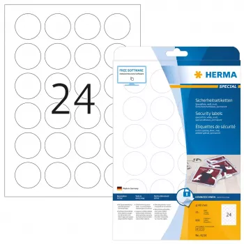 HERMA drošības uzlīmes A4 apaļas Ø 40 mm baltas pašlīmējošas
