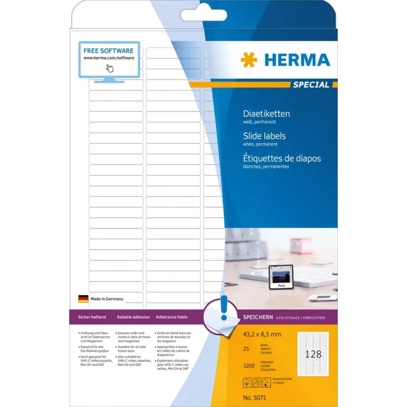 HERMA A4 slīdošās etiķetes 43,2x8,5 mm balts matēts papīrs 3200 gab.