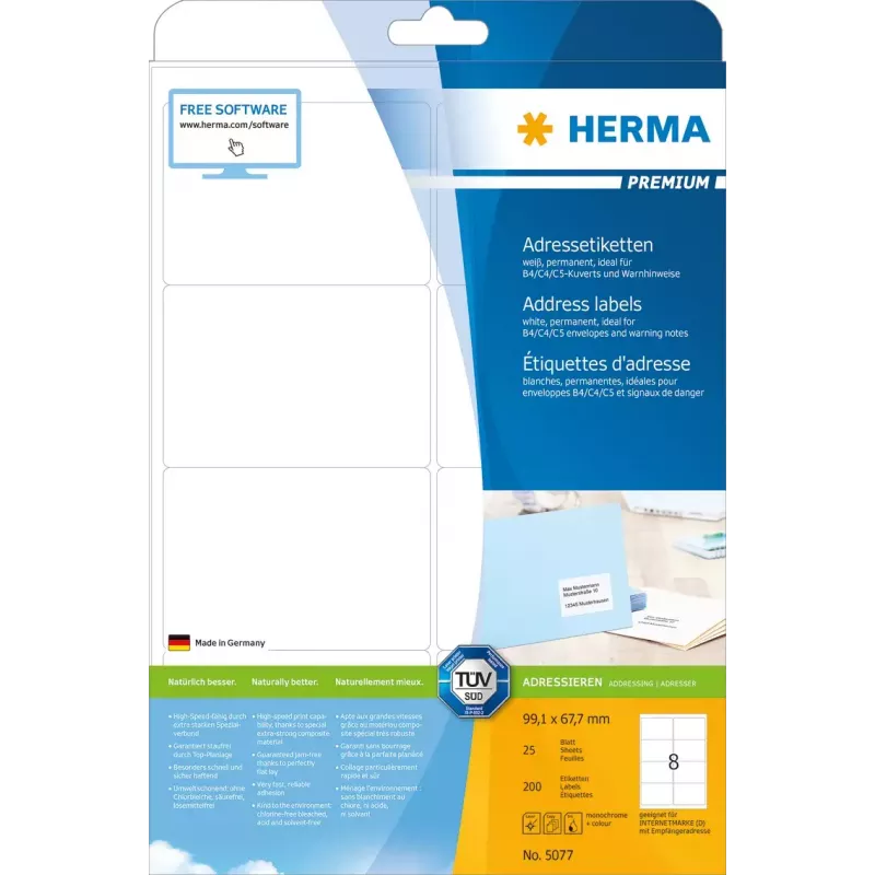 Adrešu etiķetes Premium HERMA 5077 A4 99.1x67.7 mm 200 gab.