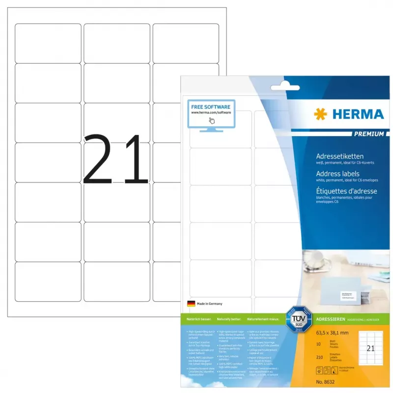 Adrešu etiķetes Premium HERMA A4 63,5x38,1 mm 210 gab.