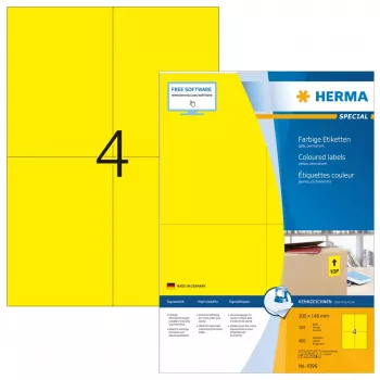 Pašlīmējošas printera uzlīmes HERMA Krāsainās uzlīmes A4 105x148 mm dzeltenas papīra matētas 400 gab.