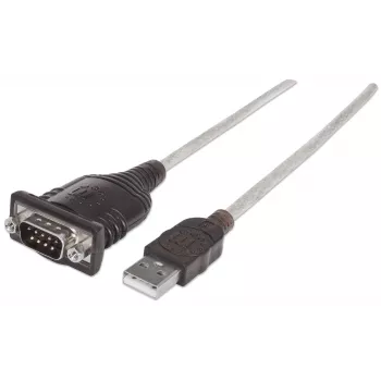 Manhattan USB-A uz Serial Converter kabelis, 45cm, Vīrietis uz Vīrieti, Serial/RS232/COM/DB9, FTDI FT232RL mikroshēma, saderīgs ar Windows 11 (un iepriekšējām OS), Melns/Sudrabs kabelis, Trīs gadu garantija