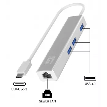 LevelOne USB-C Tīkla Adapteris ar USB Centrmezglu, Gigabit Ethernet, 1000 Mbit/s, Sudrabs