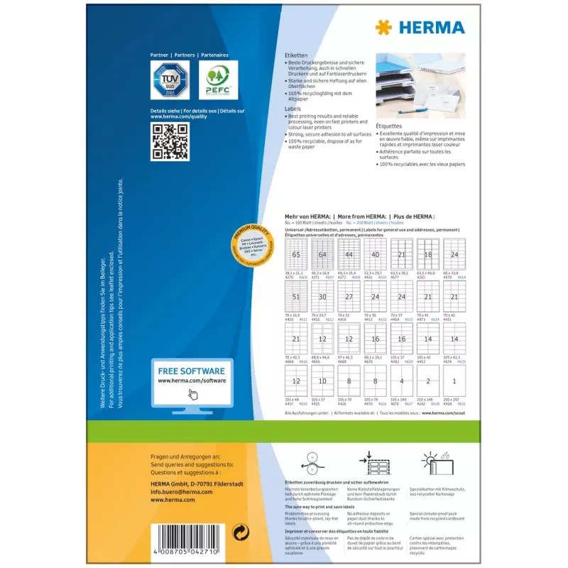 Pašlīmējošās printera uzlīmes HERMA Labels Premium A4 48,3x16,9 mm