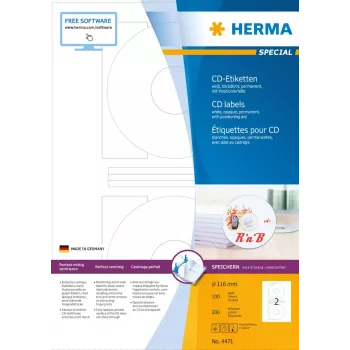CD uzlīmes HERMA A4 Ø 116 mm balts papīrs matēts necaurspīdīgs 200 gab.