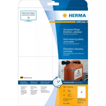 Pašlīmējošā etiķete HERMA 4576 Noņemama Balta 80 gab.