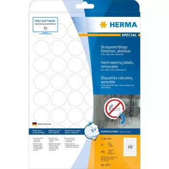 Pašlīmējošās uzlīmes HERMA 4571 Noņemamas Baltas 960 gab.