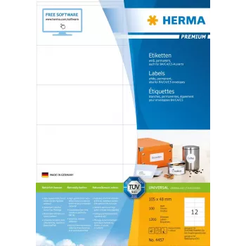 Uzlīmes HERMA Premium A4 105x48 mm balts papīrs matēts 1200 gab.