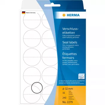 Hermas blīvējuma uzlīmes perforētas 2279 Ø 32 mm apaļas caurspīdīgas īpaši stipra līme matēta