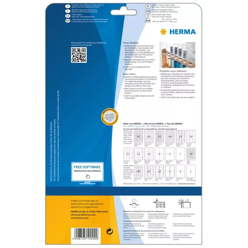 Pašlīmējošās printera uzlīmes HERMA Labels A4 25,4x10 mm balta matēta papīra īpaši spēcīga saķere 4725 gab.