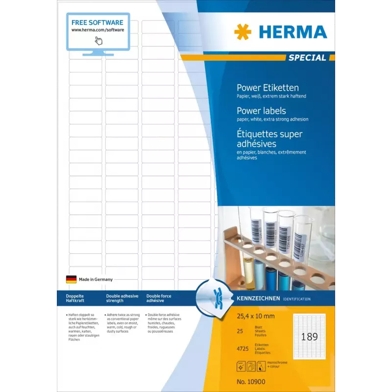 Pašlīmējošās printera uzlīmes HERMA Labels A4 25,4x10 mm balta matēta papīra īpaši spēcīga saķere 4725 gab.