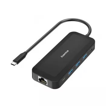 Hama 00300080 USB-C centrmezgls ar HDMI, RJ-45 un USB 3.2, 5 Gbit/s, Melns