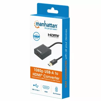 Manhattan USB-A uz HDMI kabelis, 1080p@60Hz, pārveido USB 3.2 Gen1 signālu uz HDMI, 15cm, Melns, Vīrietis-Sieviete, Trīs gadu garantija