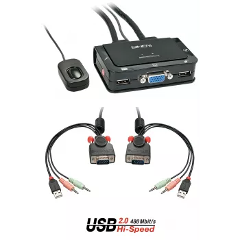 Lindy 2 Portu VGA, USB 2.0 un Audio Kabelis KVM Slēdzis