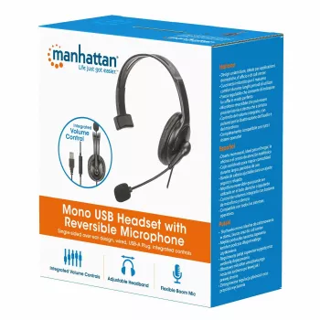 Manhattan Mono Over-Ear Headset (USB) ar reversējamu mikrofonu