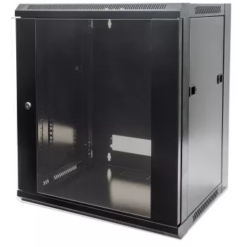Intellinet 19 inch tīkla skapis - sienas stiprinājums (standarta), 12U, 600mm dziļš, melns, plakanpakā, max 60kg, piemērots arī lietošanai uz galda vai grīdas, izmantojamais dziļums 410mm, metāla un stikla durvis, aizmugures panelis, noņemami sāni, sienas mon