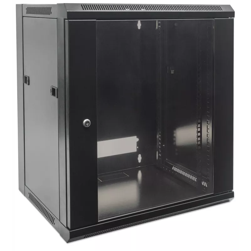 Intellinet 19 inch tīkla skapis - sienas stiprinājums (standarta), 12U, 600mm dziļš, melns, plakanpakā, max 60kg, piemērots arī lietošanai uz galda vai grīdas, izmantojamais dziļums 410mm, metāla un stikla durvis, aizmugures panelis, noņemami sāni, sienas mon