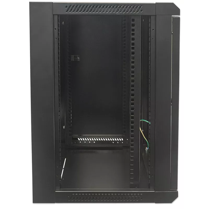 Intellinet 19 inch tīkla skapis - sienas stiprinājums (standarta), 12U, 600mm dziļš, melns, plakanpakā, max 60kg, piemērots arī lietošanai uz galda vai grīdas, izmantojamais dziļums 410mm, metāla un stikla durvis, aizmugures panelis, noņemami sāni, sienas mon