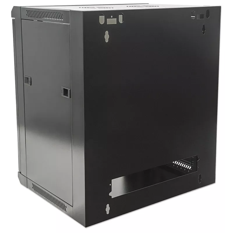 Intellinet 19 inch tīkla skapis - sienas stiprinājums (standarta), 12U, 600mm dziļš, melns, plakanpakā, max 60kg, piemērots arī lietošanai uz galda vai grīdas, izmantojamais dziļums 410mm, metāla un stikla durvis, aizmugures panelis, noņemami sāni, sienas mon