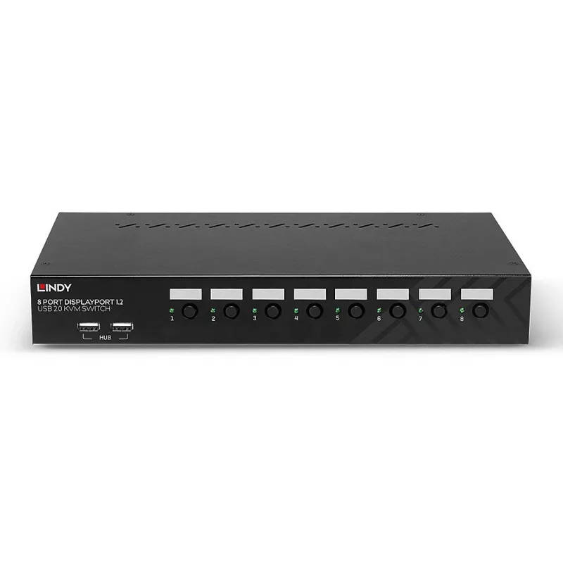 Lindy 39540 KVM pārslēgs ar 8 portiem: DisplayPort 1.2, USB 2.0 un audio, 1 vietējais lietotājs, uzstādāms statnī, melns
