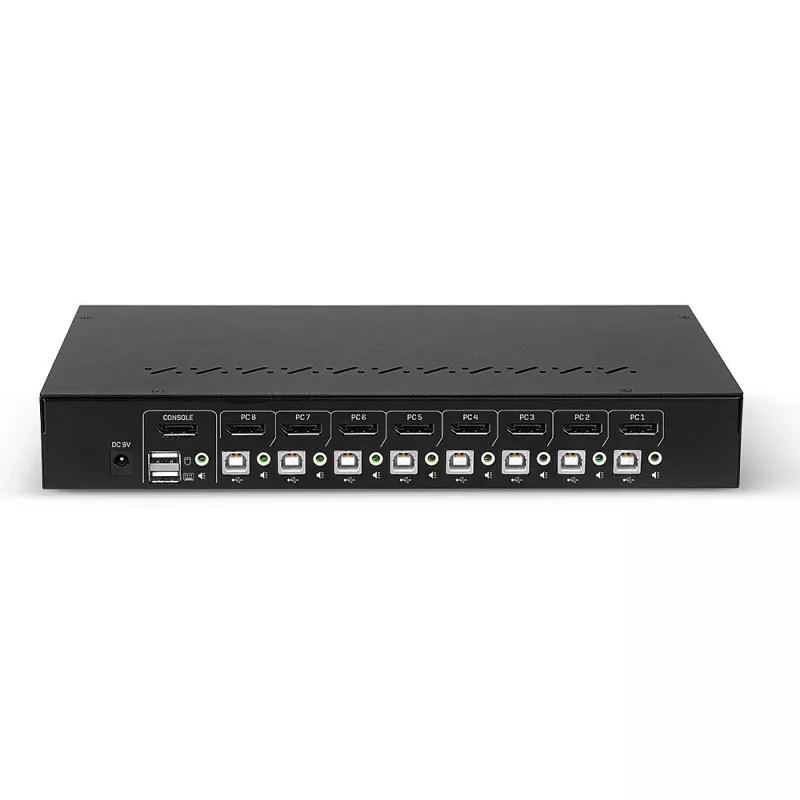 Lindy 39540 KVM pārslēgs ar 8 portiem: DisplayPort 1.2, USB 2.0 un audio, 1 vietējais lietotājs, uzstādāms statnī, melns
