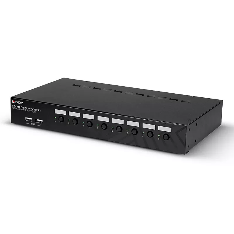 Lindy 39540 KVM pārslēgs ar 8 portiem: DisplayPort 1.2, USB 2.0 un audio, 1 vietējais lietotājs, uzstādāms statnī, melns