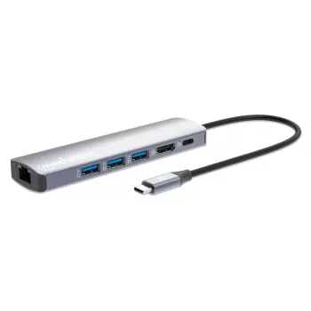 Manhattan 6-in-1 USB-C dokstacija / centrmezgls ar Ethernet, HDMI, USB-A (x3), USB-C un 100W PD