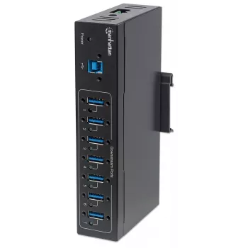 Manhattan USB-A 7-Port Industrial USB 3.0 Hubs ar 7x USB-A, 5 Gbps, 20 kV ESD aizsardzība, DIN sliede, sienas stiprinājums, metāla korpuss