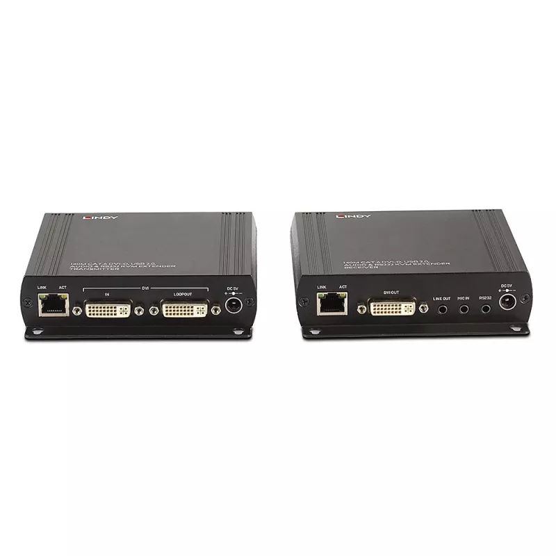 Lindy 140m Cat.6 DVI-D, USB, Audio un RS-232 KVM pagarinātājs, raidītājs un uztvērējs, vadu, 140 m, Cat6, 60 Hz, Melns