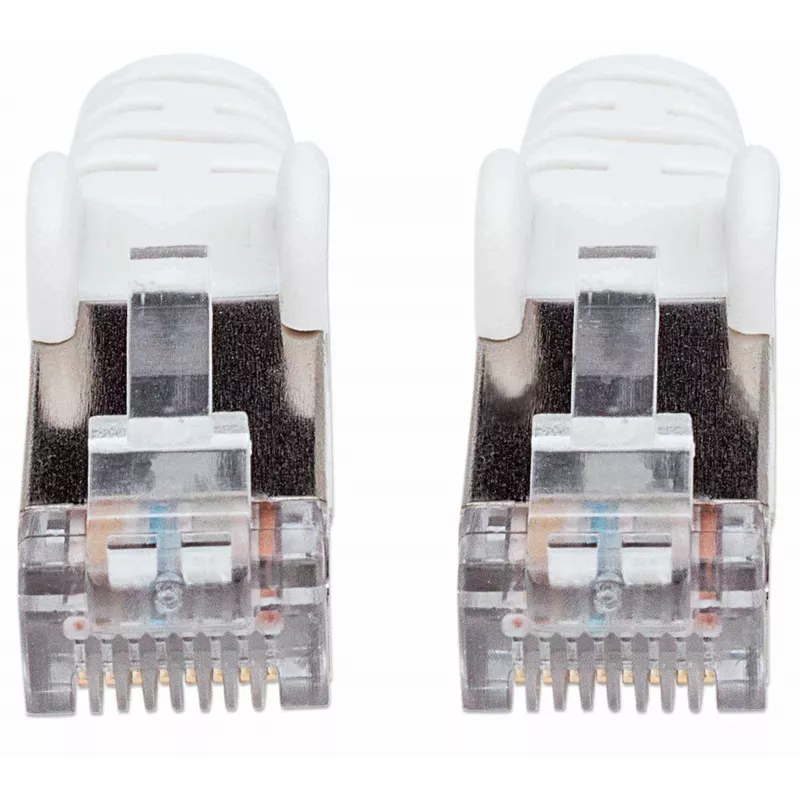 Intellinet tīkla savienojuma kabelis, Cat7/Cat6A spraudņi, 15m, Balts, Varš, S/FTP, LSOH/LSZH, PVC, RJ45, Apzeltīti kontakti, Bezķēžu, Ar aizsargvāciņu, Mūža garantija