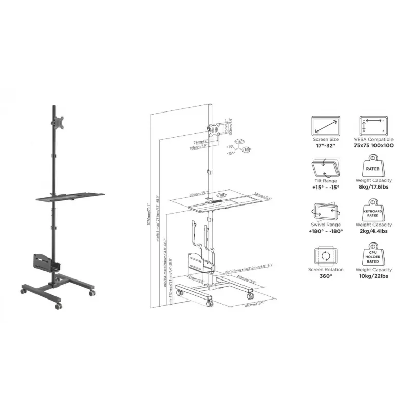 Multividas ratiņi Equip 17 inch–32 inch viena monitora mobilā darbstacija