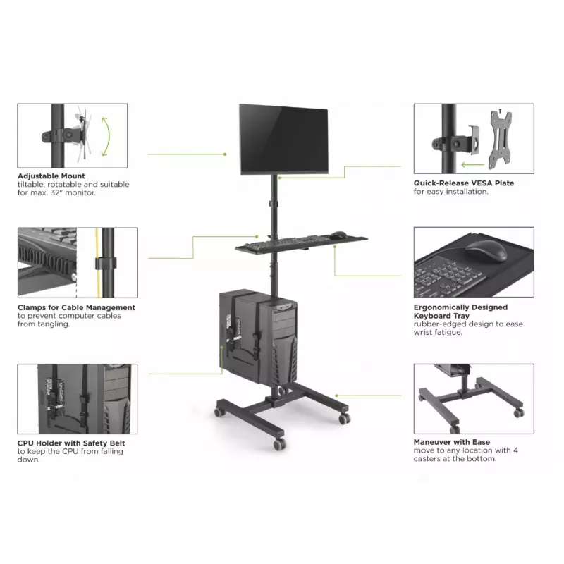 Multividas ratiņi Equip 17 inch–32 inch viena monitora mobilā darbstacija