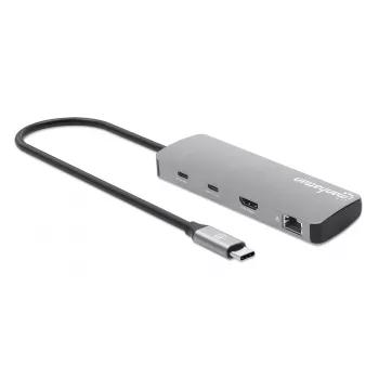 Manhattan USB-C Dokstacija ar Karšu Lasītāju, 7 Porti: Ethernet, HDMI, USB-A (x3) un USB-C (x2), ar 100 W Power Delivery