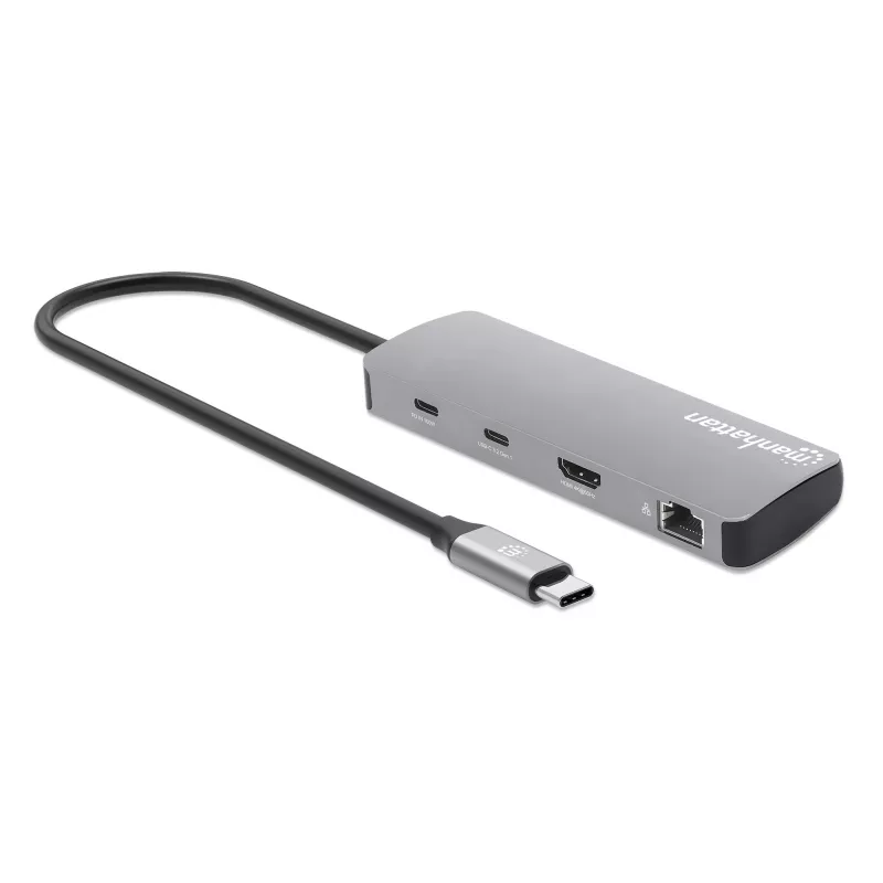 Manhattan USB-C Dokstacija ar Karšu Lasītāju, 7 Porti: Ethernet, HDMI, USB-A (x3) un USB-C (x2), ar 100 W Power Delivery