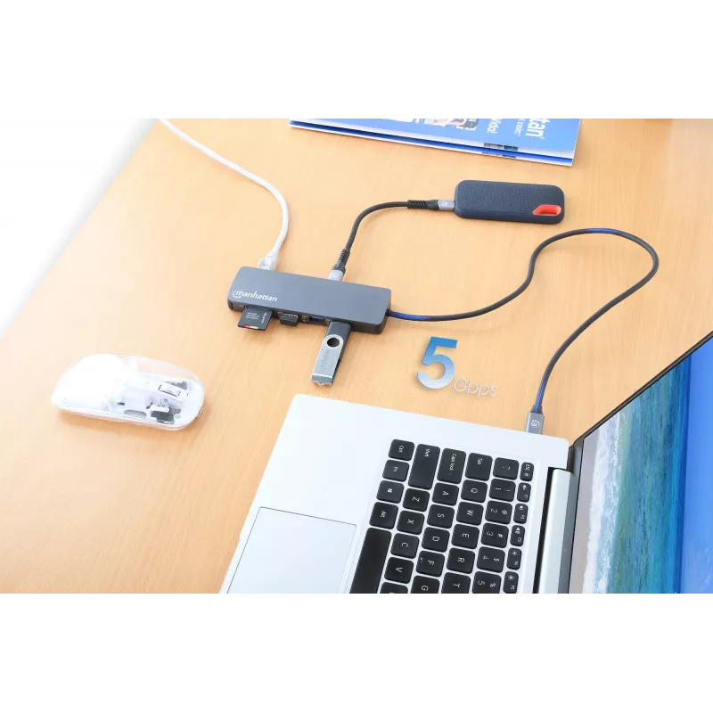 Manhattan USB-C Dokstacija ar Karšu Lasītāju, 7 Porti: Ethernet, HDMI, USB-A (x3) un USB-C (x2), ar 100 W Power Delivery