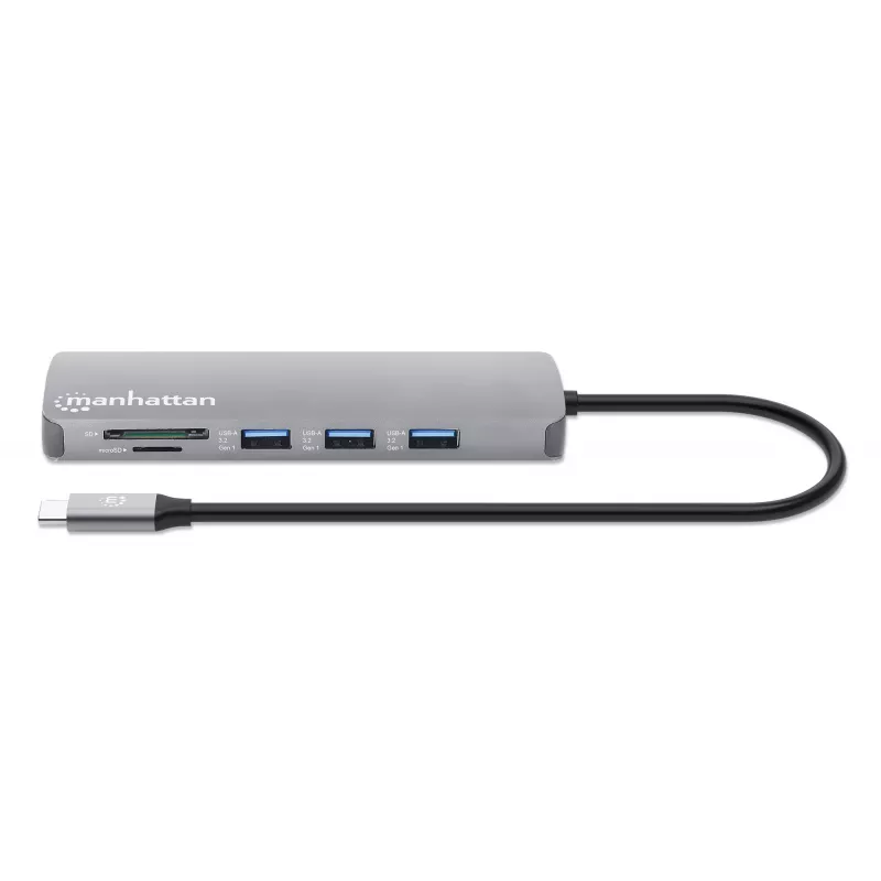 Manhattan USB-C Dokstacija ar Karšu Lasītāju, 7 Porti: Ethernet, HDMI, USB-A (x3) un USB-C (x2), ar 100 W Power Delivery