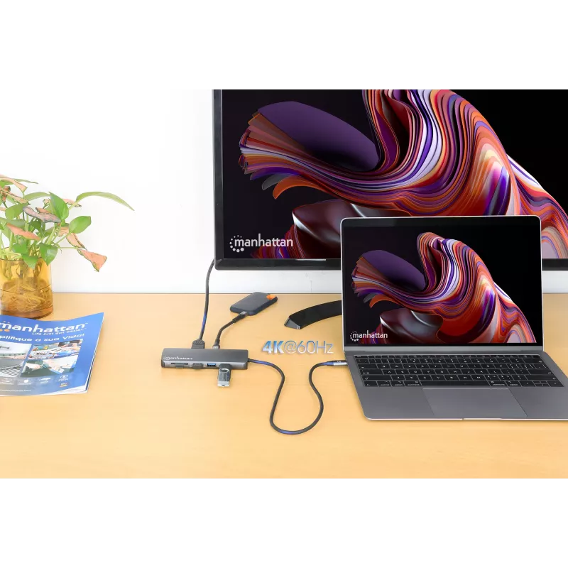 Manhattan USB-C Dokstacija ar Karšu Lasītāju, 7 Porti: Ethernet, HDMI, USB-A (x3) un USB-C (x2), ar 100 W Power Delivery