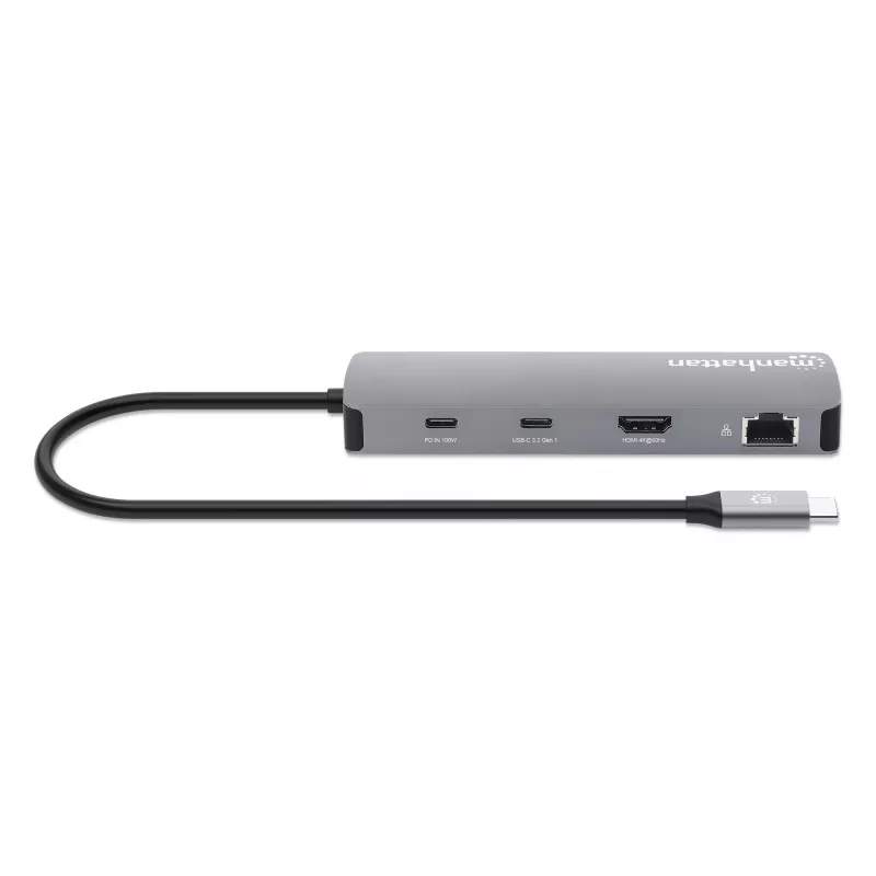 Manhattan USB-C Dokstacija ar Karšu Lasītāju, 7 Porti: Ethernet, HDMI, USB-A (x3) un USB-C (x2), ar 100 W Power Delivery