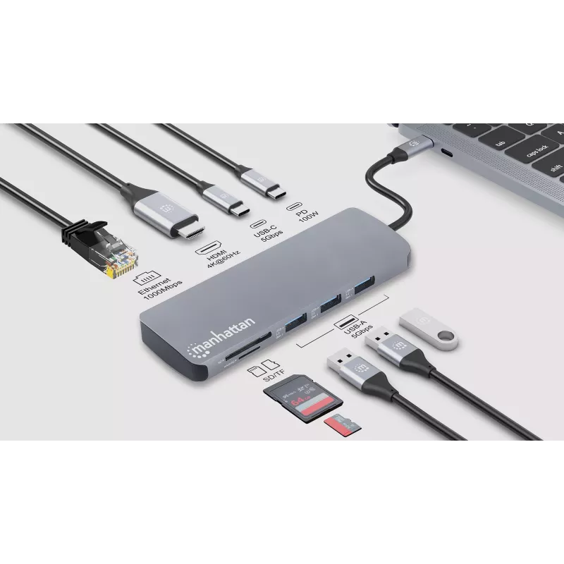 Manhattan USB-C Dokstacija ar Karšu Lasītāju, 7 Porti: Ethernet, HDMI, USB-A (x3) un USB-C (x2), ar 100 W Power Delivery