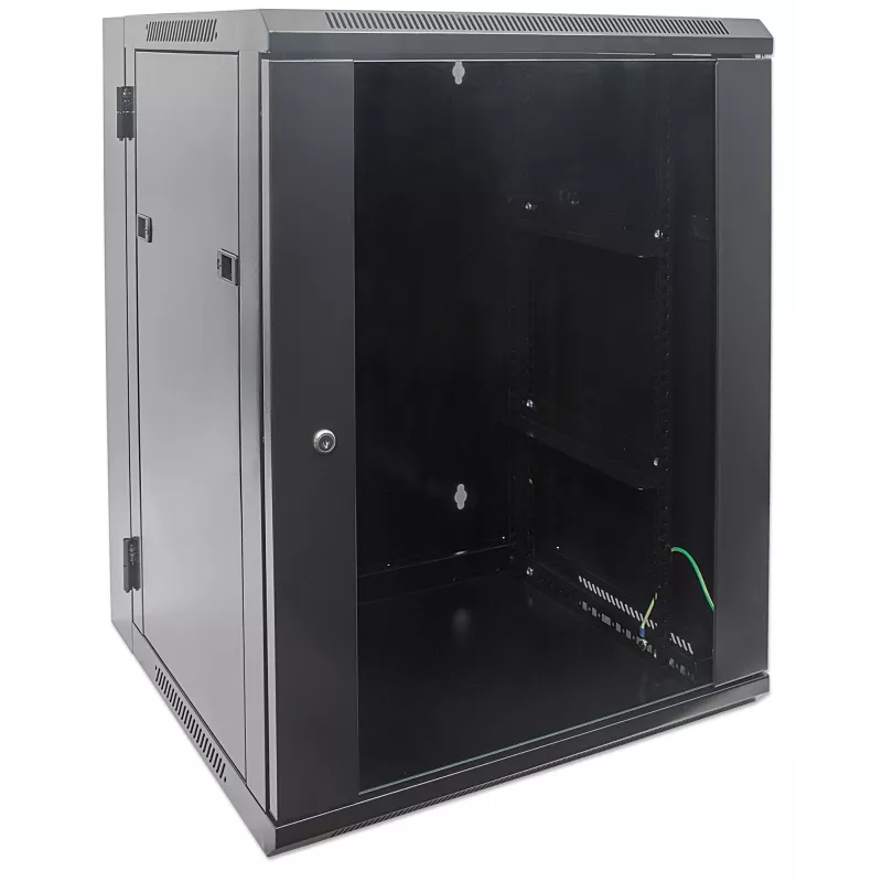 Intellinet 19 collu tīkla skapis - sienas montāža (divu sekciju šarnīra izvēršana), 15U, 550mm dziļš, melns, salikts, max 30kg, izvēršas, lai piekļūtu aizmugurei