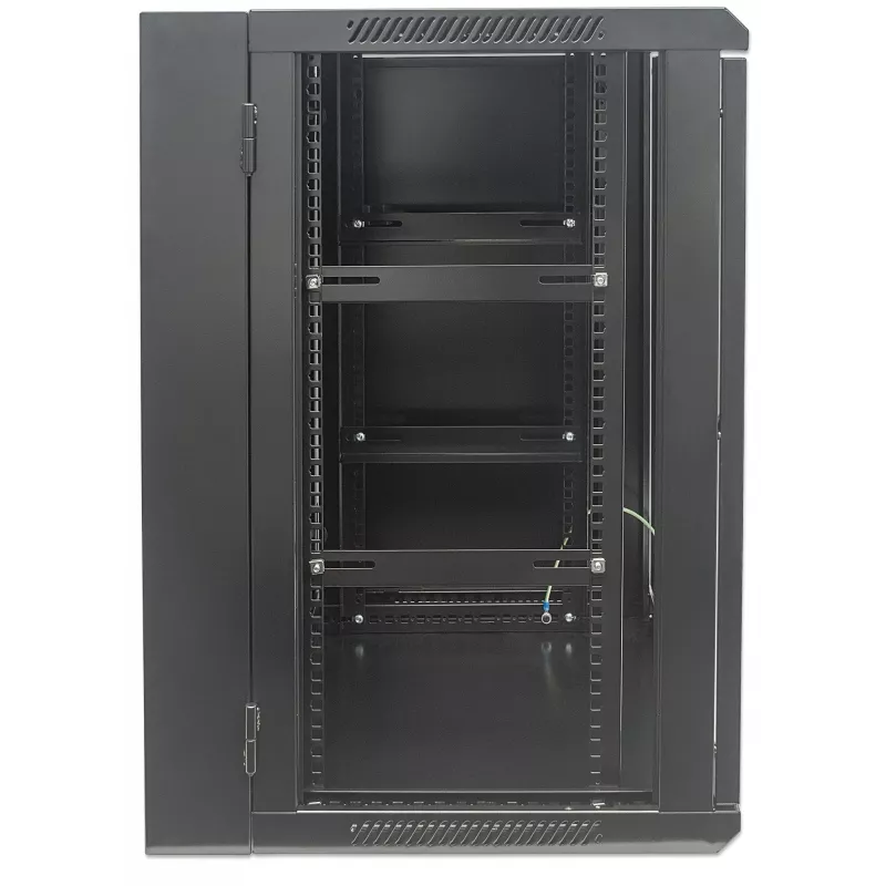 Intellinet 19 collu tīkla skapis - sienas montāža (divu sekciju šarnīra izvēršana), 15U, 550mm dziļš, melns, salikts, max 30kg, izvēršas, lai piekļūtu aizmugurei